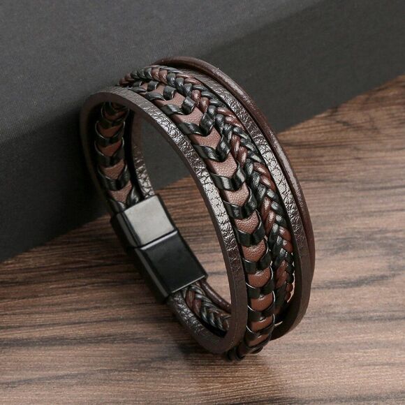 Leather Braided Men Bracelet Navy Blue - Picture 5 of 13
